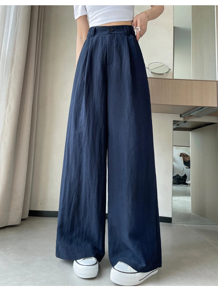 Cotton and Linen Women's Wide Leg Full Pants High Waist Summer Female Elegant Minimalism Straight Loose Trousers 2024 Autumn