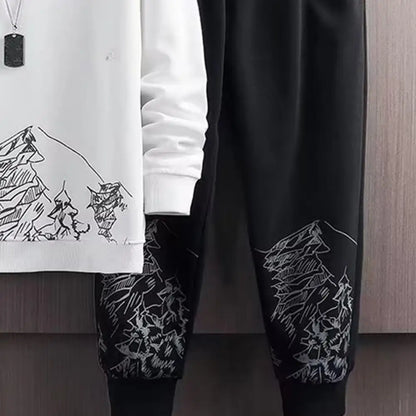 Pockets Jogging Suit Men's Mountain Print Casual Tracksuit Set with O-neck Sweatshirt Jogger Pants for Autumn Winter Men