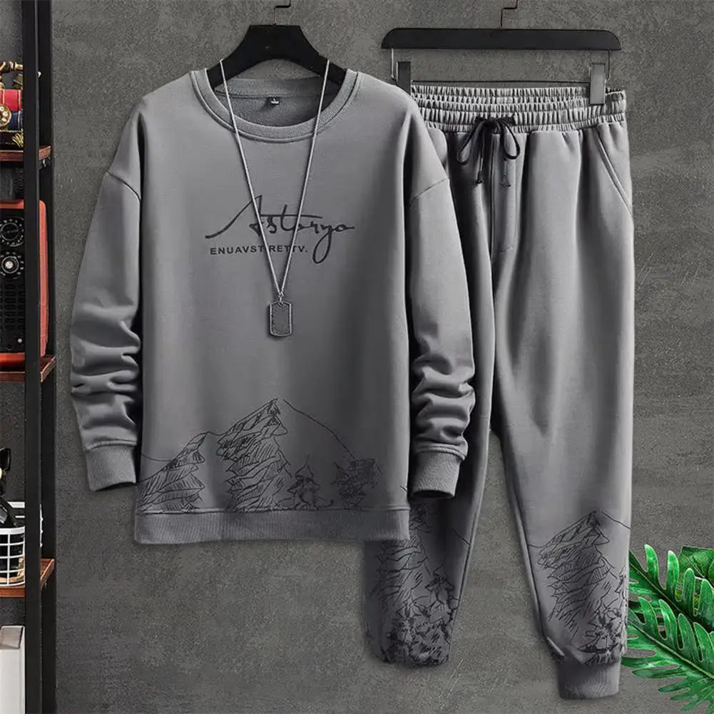 Pockets Jogging Suit Men's Mountain Print Casual Tracksuit Set with O-neck Sweatshirt Jogger Pants for Autumn Winter Men