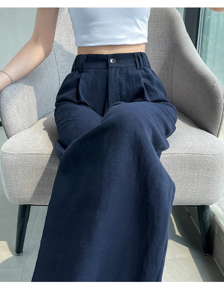 Cotton and Linen Women's Wide Leg Full Pants High Waist Summer Female Elegant Minimalism Straight Loose Trousers 2024 Autumn