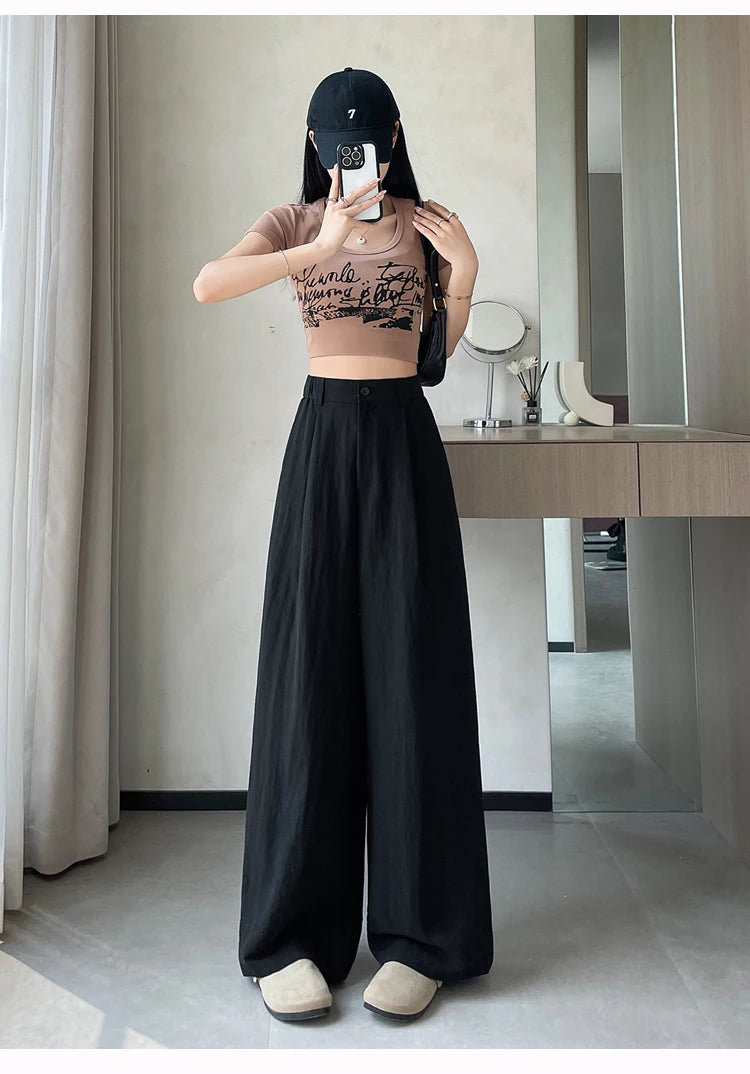Cotton and Linen Women's Wide Leg Full Pants High Waist Summer Female Elegant Minimalism Straight Loose Trousers 2024 Autumn