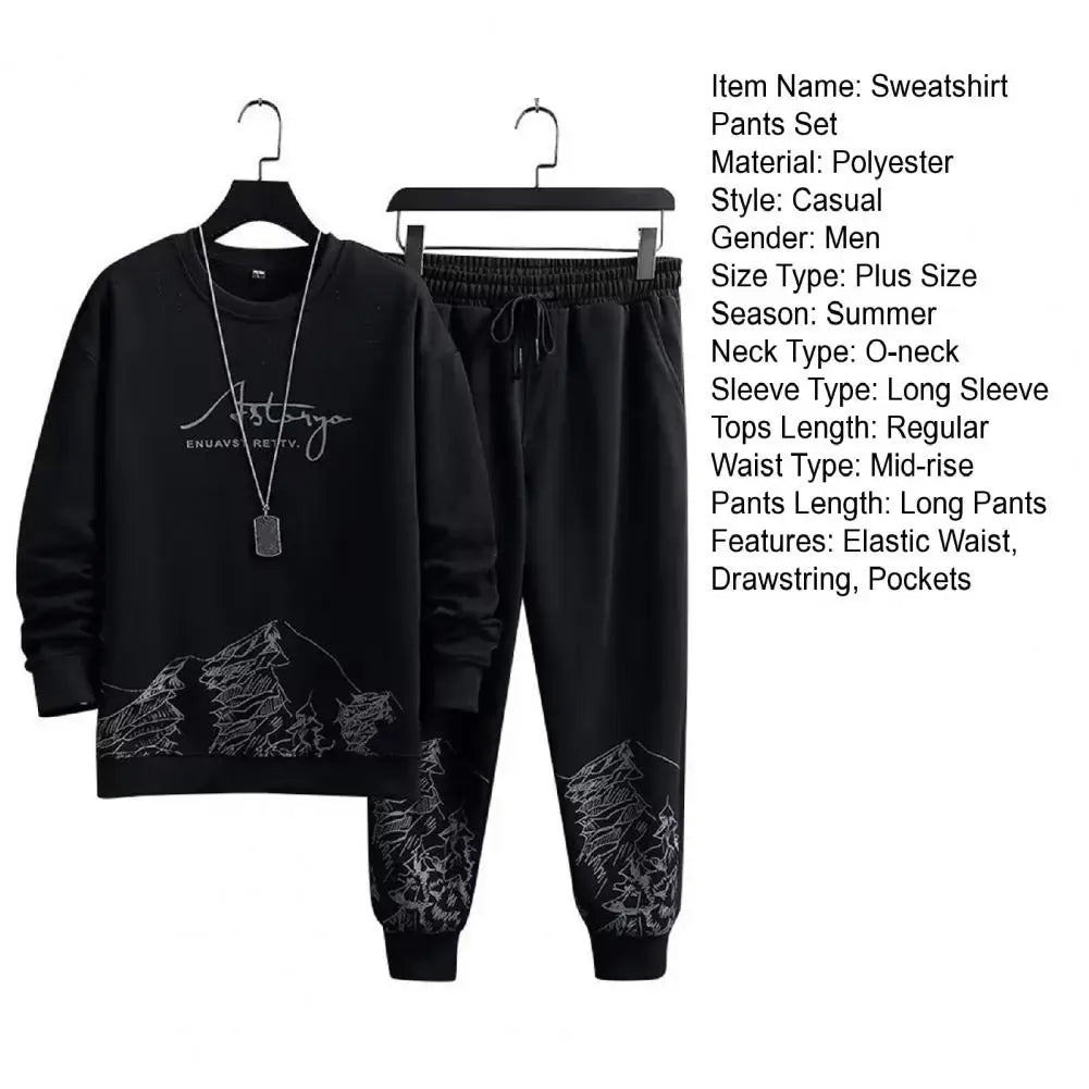 Pockets Jogging Suit Men's Mountain Print Casual Tracksuit Set with O-neck Sweatshirt Jogger Pants for Autumn Winter Men