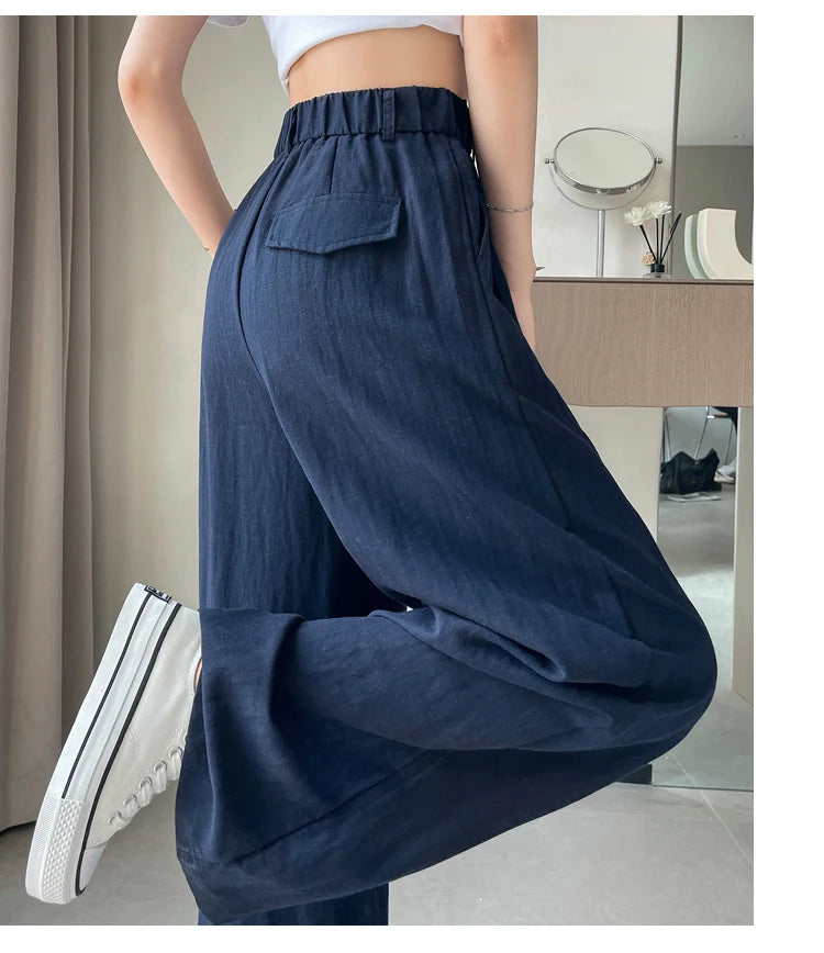 Cotton and Linen Women's Wide Leg Full Pants High Waist Summer Female Elegant Minimalism Straight Loose Trousers 2024 Autumn