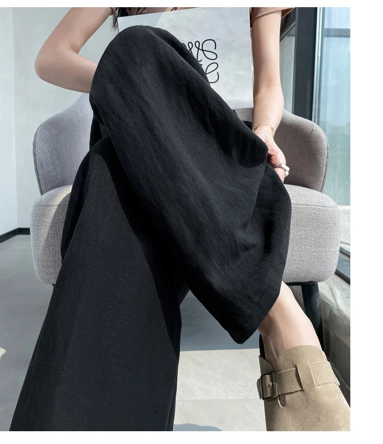 Cotton and Linen Women's Wide Leg Full Pants High Waist Summer Female Elegant Minimalism Straight Loose Trousers 2024 Autumn