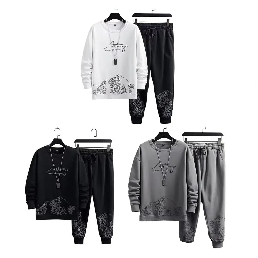 Pockets Jogging Suit Men's Mountain Print Casual Tracksuit Set with O-neck Sweatshirt Jogger Pants for Autumn Winter Men