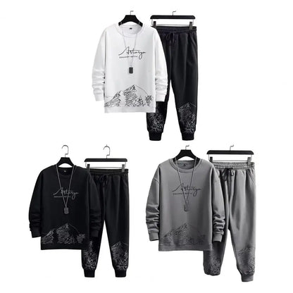 Pockets Jogging Suit Men's Mountain Print Casual Tracksuit Set with O-neck Sweatshirt Jogger Pants for Autumn Winter Men