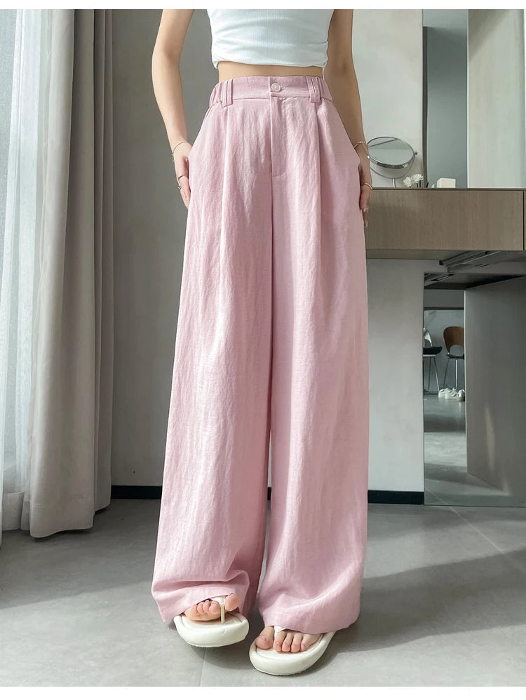 Cotton and Linen Women's Wide Leg Full Pants High Waist Summer Female Elegant Minimalism Straight Loose Trousers 2024 Autumn