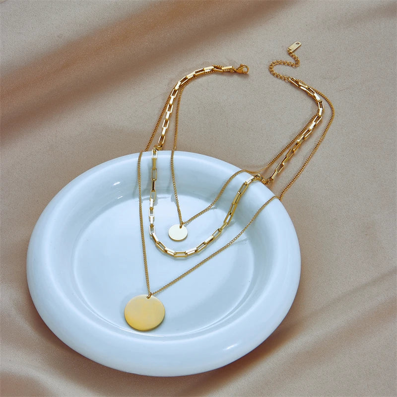 DIEYURO 316L Stainless Steel Gold Color 3in1 Round Pendant Necklace For Women Fashion Girls Multilayer Chain Neck Jewelry Gift